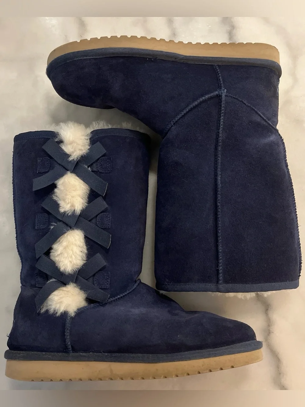 Koolaburra Navy Suede Winter Boots with Fur Pom and Bows Detail